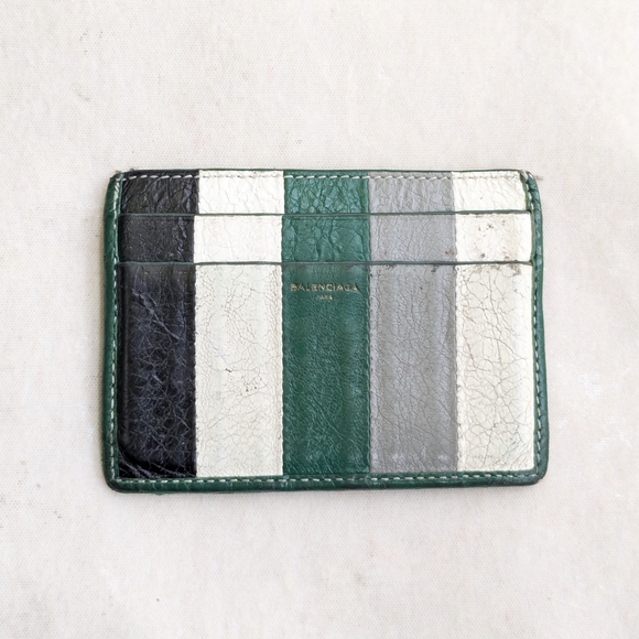 Balenciaga Bazaar Cardholder Wallet Green White Black Leather Striped - Picture 1 of 9